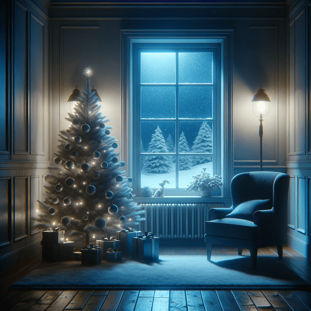 A dimly lit room with soft blue lighting, a small Christmas tree in the corner with minimal decoration representing Christmas Depression.