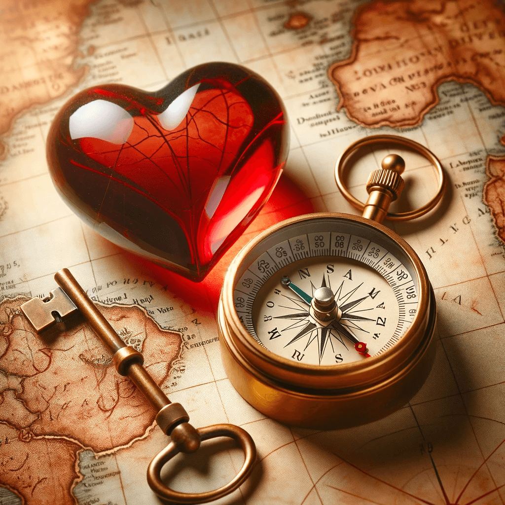 A compass lying on a map next to a heart, symbolizing navigating through challenges in marriage.
