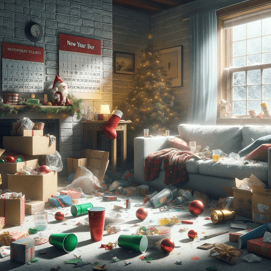 A cluttered living room in the aftermath of holiday celebrations, with discarded wrapping paper, half-empty cup depicting Post-Holiday Blues
